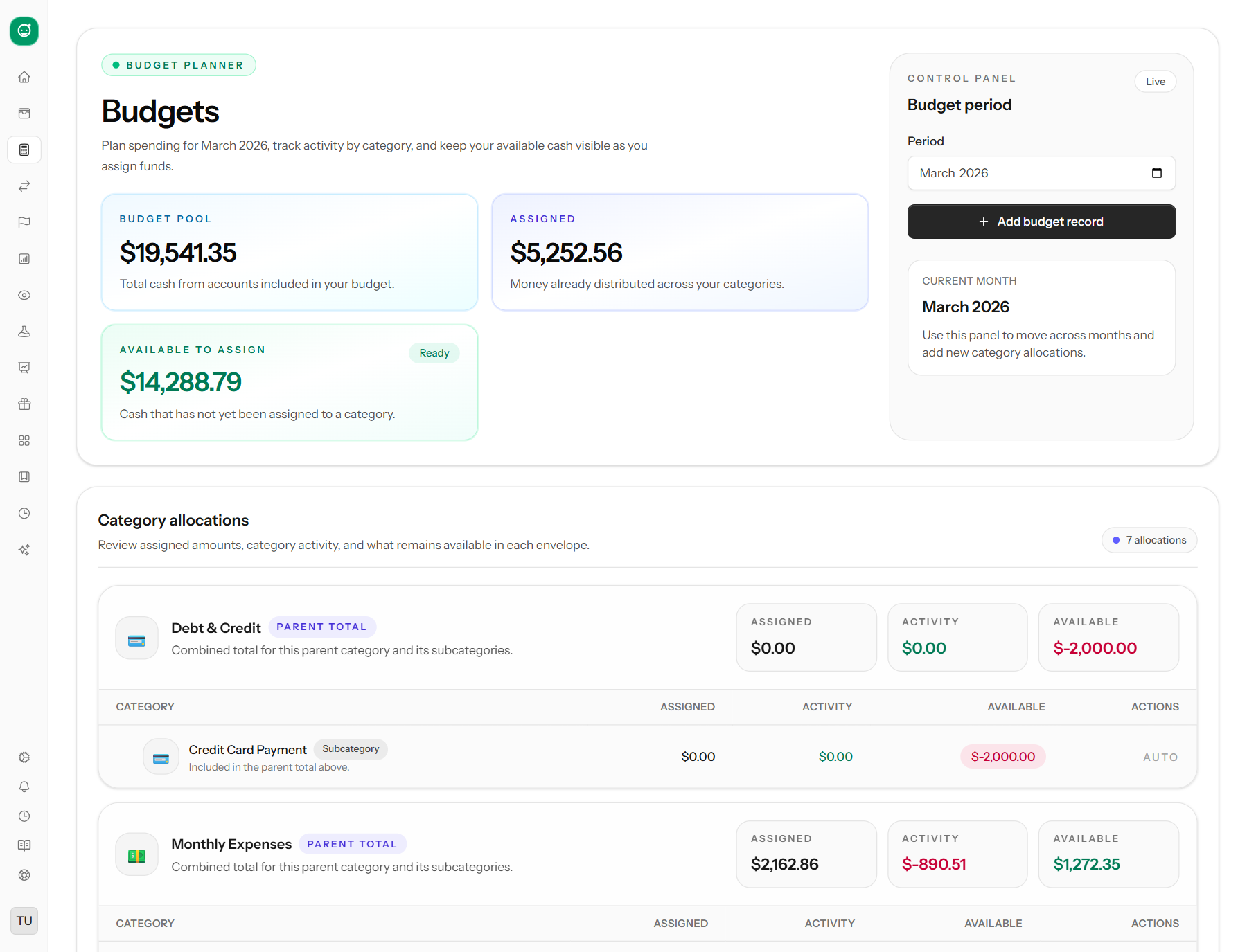 CashFren budgets page showing budget pool, available to assign, and category allocation groups