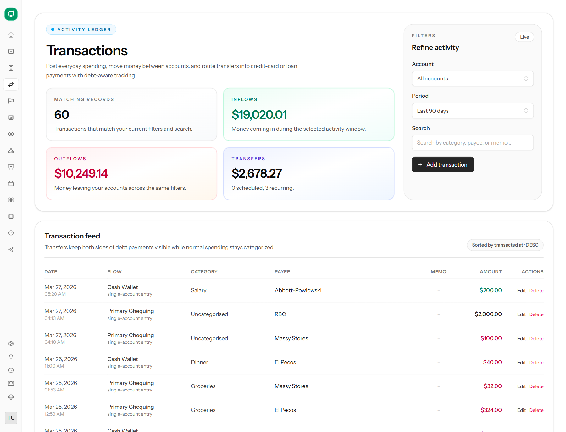 CashFren transactions page showing filters, summary cards, and transaction feed